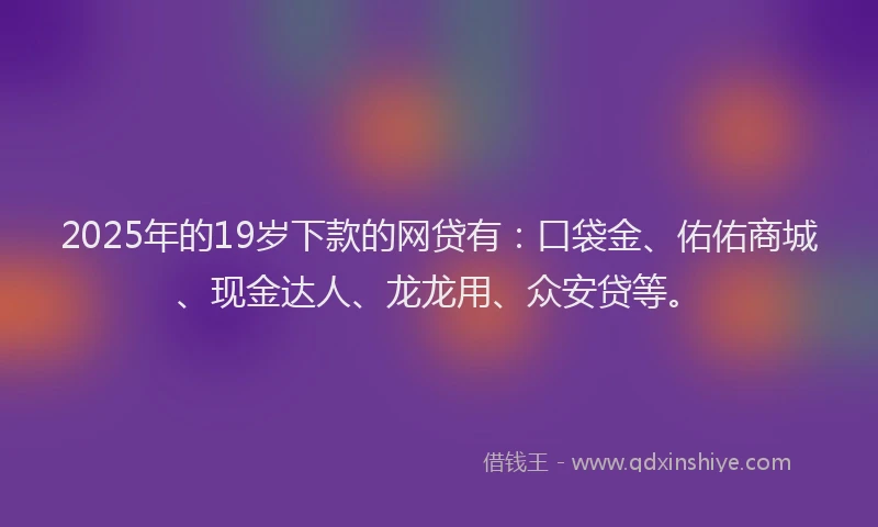 2025年的19岁下款的网贷有：口袋金、佑佑商城、现金达人、龙龙用、众安贷等。