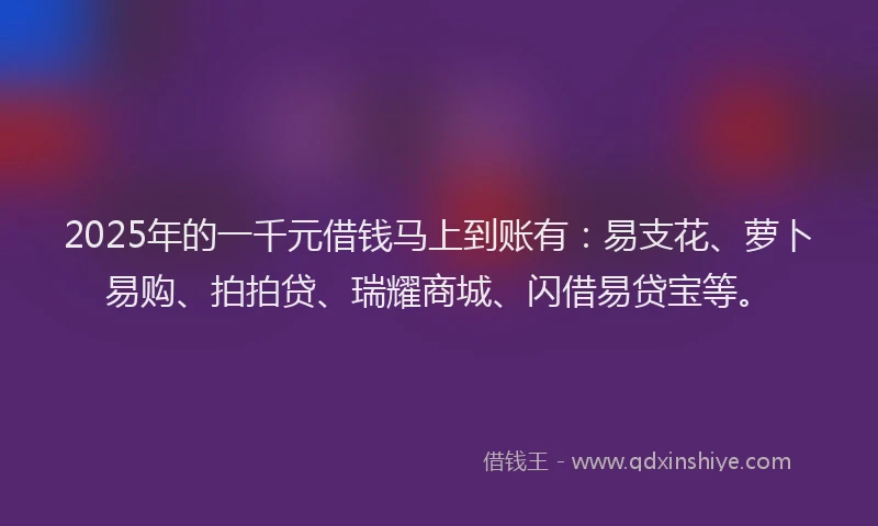 2025年的一千元借钱马上到账有：易支花、萝卜易购、拍拍贷、瑞耀商城、闪借易贷宝等。
