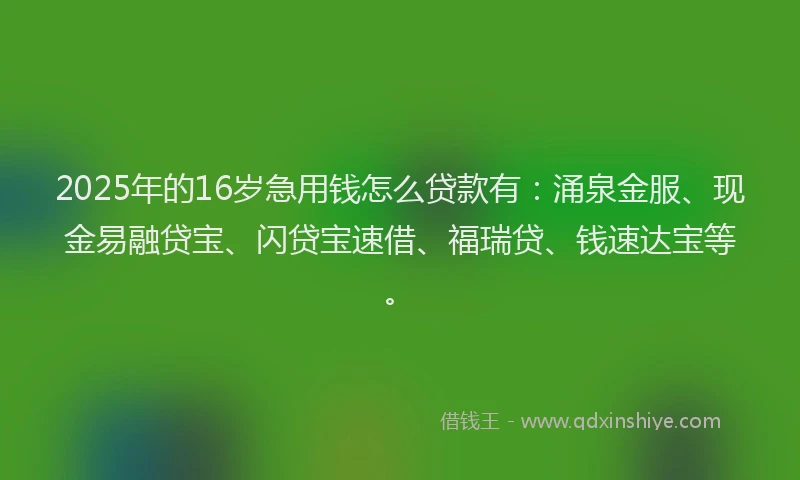 2025年的16岁急用钱怎么贷款有：涌泉金服、现金易融贷宝、闪贷宝速借、福瑞贷、钱速达宝等。