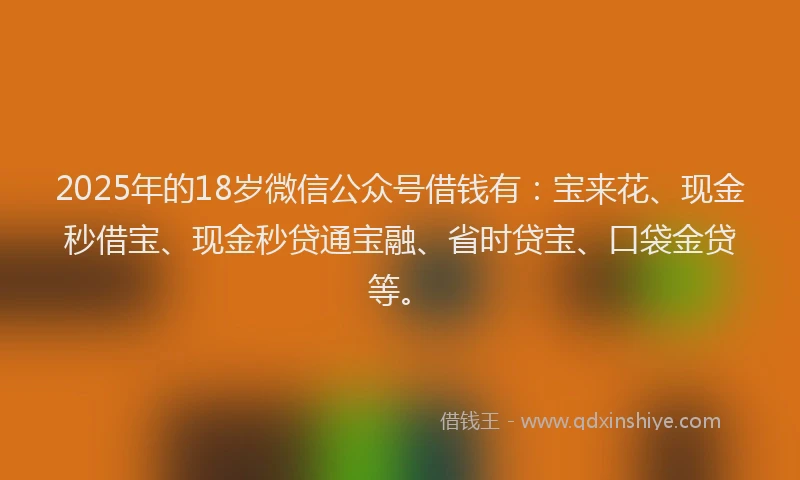 2025年的18岁微信公众号借钱有：宝来花、现金秒借宝、现金秒贷通宝融、省时贷宝、口袋金贷等。