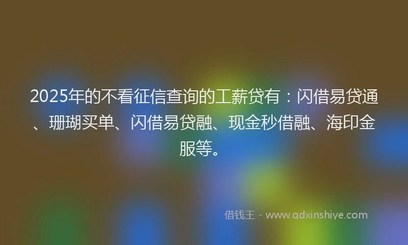 2025年的不看征信查询的工薪贷有：闪借易贷通、珊瑚买单、闪借易贷融、现金秒借融、海印金服等。