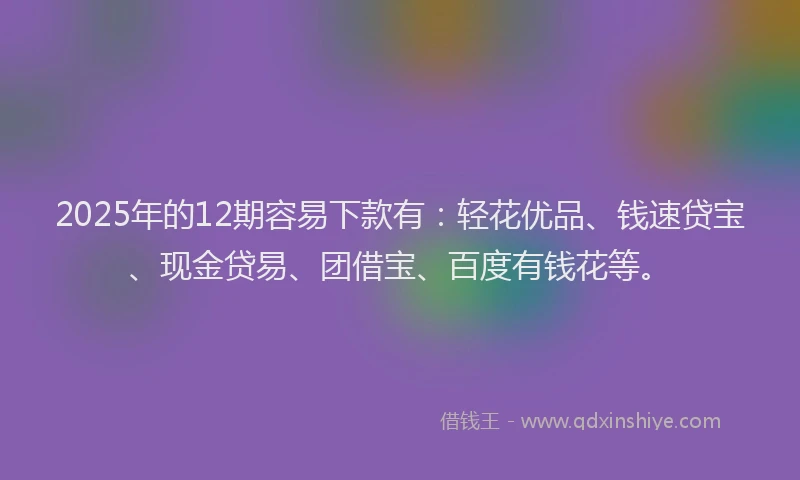 2025年的12期容易下款有：轻花优品、钱速贷宝、现金贷易、团借宝、百度有钱花等。