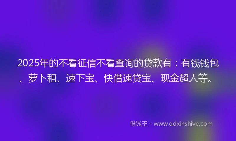 2025年的不看征信不看查询的贷款有：有钱钱包、萝卜租、速下宝、快借速贷宝、现金超人等。