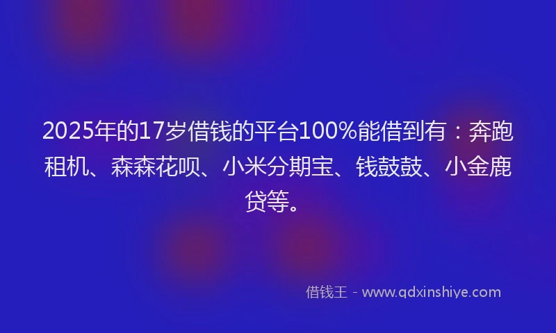 2025年的17岁借钱的平台100%能借到有：奔跑租机、森森花呗、小米分期宝、钱鼓鼓、小金鹿贷等。