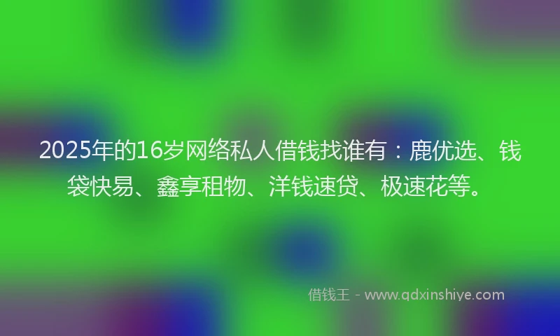 2025年的16岁网络私人借钱找谁有：鹿优选、钱袋快易、鑫享租物、洋钱速贷、极速花等。