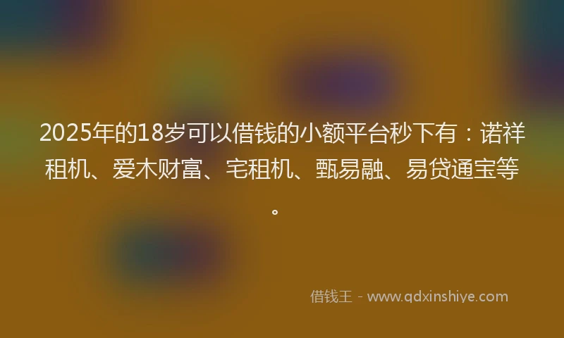 2025年的18岁可以借钱的小额平台秒下有：诺祥租机、爱木财富、宅租机、甄易融、易贷通宝等。