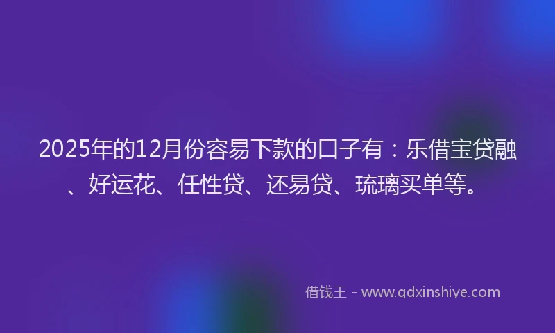 2025年的12月份容易下款的口子有：乐借宝贷融、好运花、任性贷、还易贷、琉璃买单等。