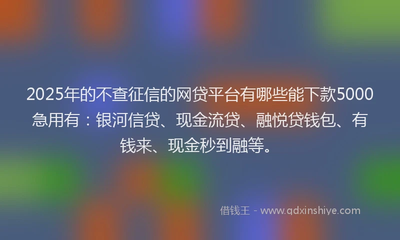 2025年的不查征信的网贷平台有哪些能下款5000急用有：银河信贷、现金流贷、融悦贷钱包、有钱来、现金秒到融等。