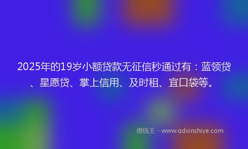 2025年的19岁小额贷款无征信秒通过有：蓝领贷、星愿贷、掌上信用、及时租、宜口袋等。