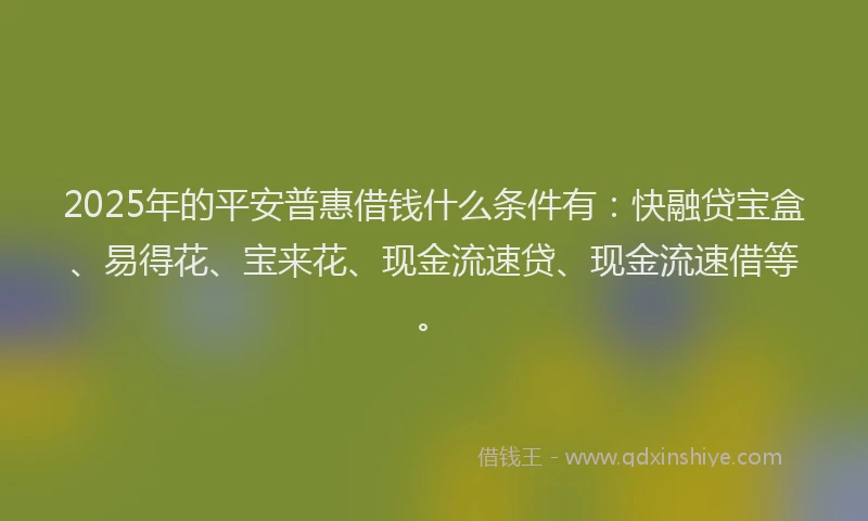 2025年的平安普惠借钱什么条件有：快融贷宝盒、易得花、宝来花、现金流速贷、现金流速借等。