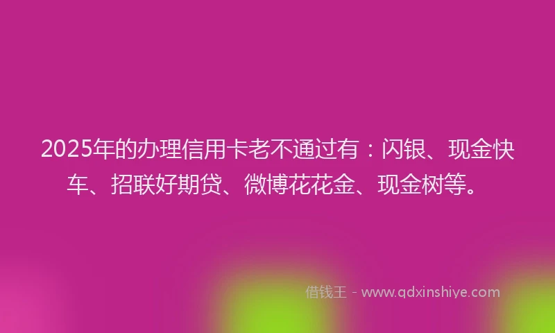 2025年的办理信用卡老不通过有：闪银、现金快车、招联好期贷、微博花花金、现金树等。