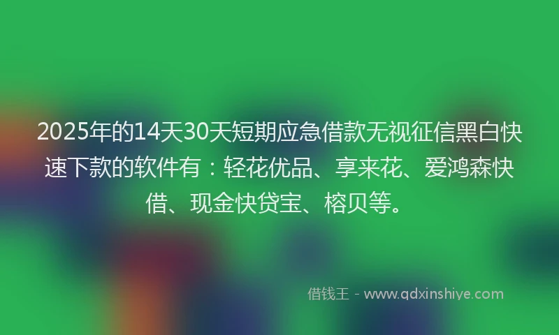 2025年的14天30天短期应急借款无视征信黑白快速下款的软件有：轻花优品、享来花、爱鸿森快借、现金快贷宝、榕贝等。