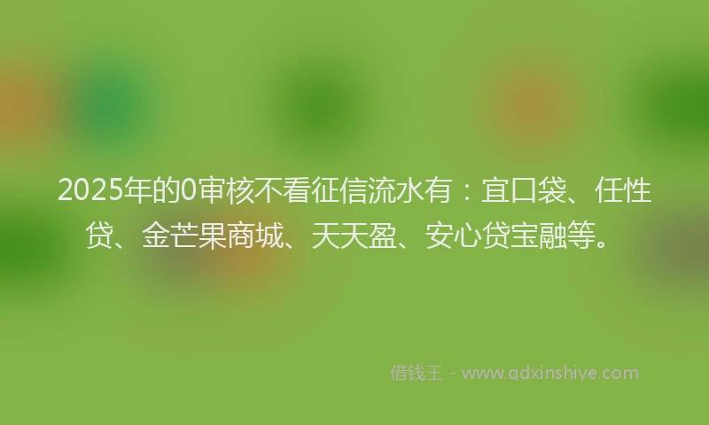 2025年的0审核不看征信流水有：宜口袋、任性贷、金芒果商城、天天盈、安心贷宝融等。