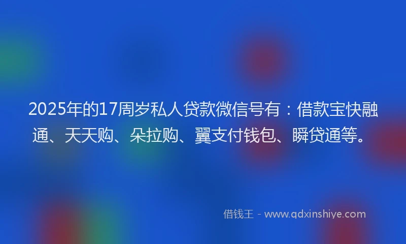 2025年的17周岁私人贷款微信号有：借款宝快融通、天天购、朵拉购、翼支付钱包、瞬贷通等。