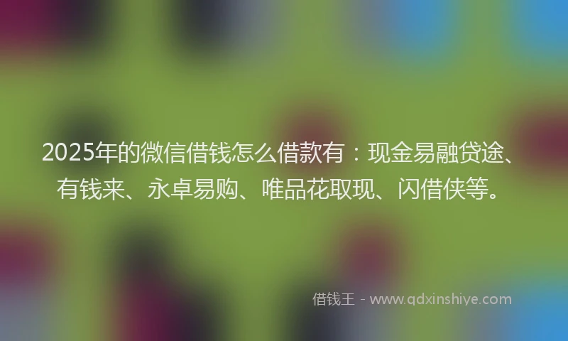 2025年的微信借钱怎么借款有：现金易融贷途、有钱来、永卓易购、唯品花取现、闪借侠等。