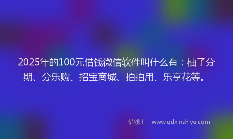 2025年的100元借钱微信软件叫什么有：柚子分期、分乐购、招宝商城、拍拍用、乐享花等。