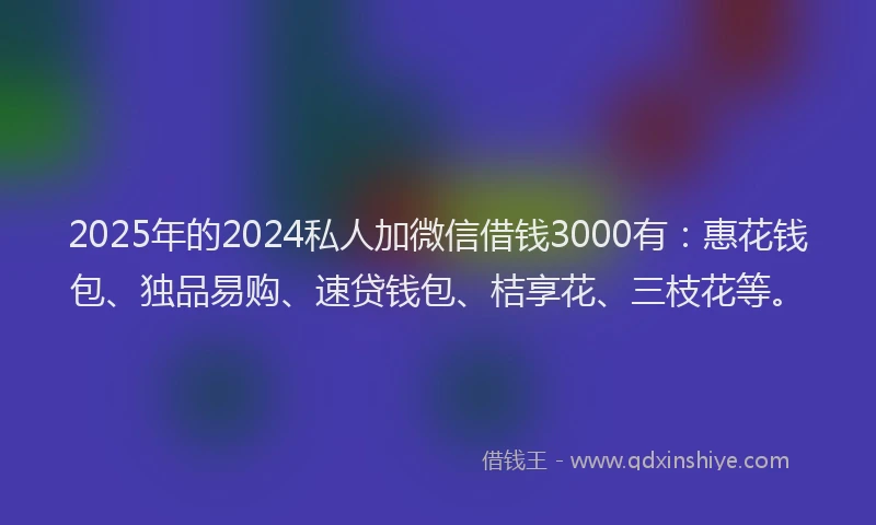 2025年的2024私人加微信借钱3000有：惠花钱包、独品易购、速贷钱包、桔享花、三枝花等。