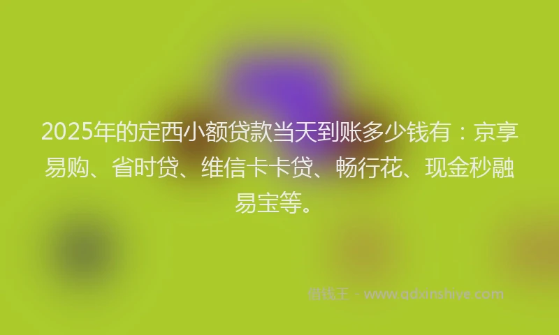 2025年的定西小额贷款当天到账多少钱有：京享易购、省时贷、维信卡卡贷、畅行花、现金秒融易宝等。