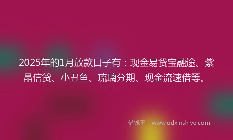 2025年的1月放款口子有：现金易贷宝融途、紫晶信贷、小丑鱼、琉璃分期、现金流速借等。