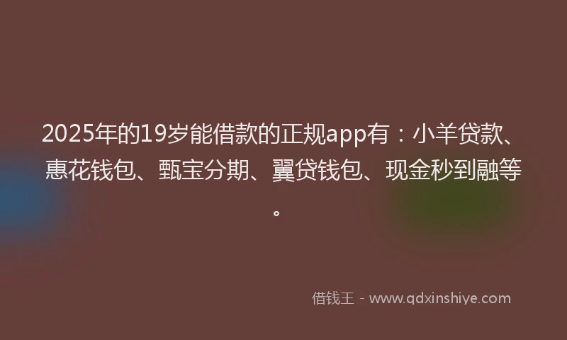 2025年的19岁能借款的正规app有：小羊贷款、惠花钱包、甄宝分期、翼贷钱包、现金秒到融等。