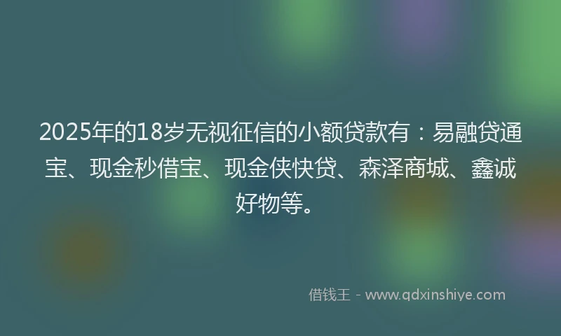 2025年的18岁无视征信的小额贷款有：易融贷通宝、现金秒借宝、现金侠快贷、森泽商城、鑫诚好物等。