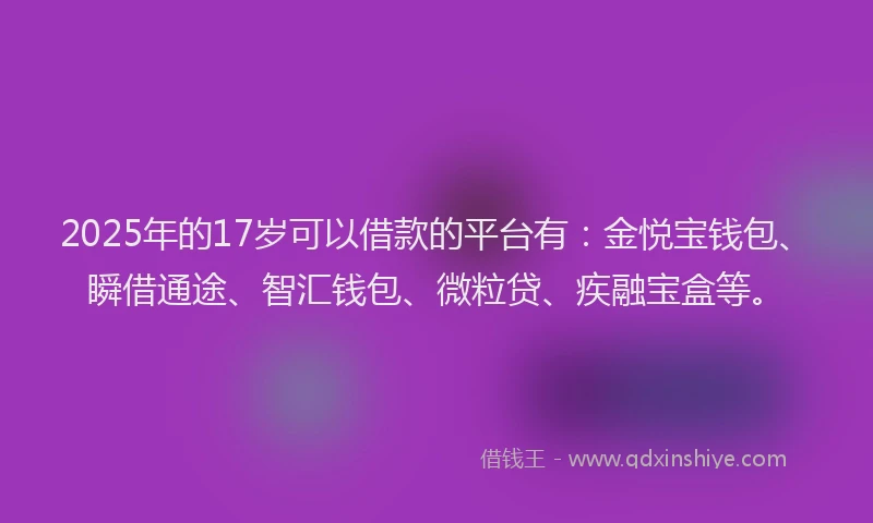 2025年的17岁可以借款的平台有：金悦宝钱包、瞬借通途、智汇钱包、微粒贷、疾融宝盒等。