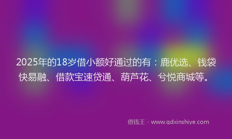 2025年的18岁借小额好通过的有：鹿优选、钱袋快易融、借款宝速贷通、葫芦花、兮悦商城等。