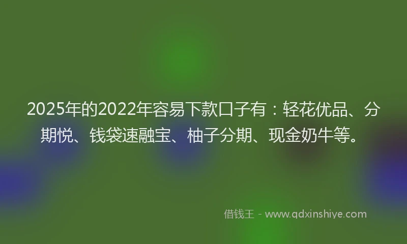 2025年的2022年容易下款口子有：轻花优品、分期悦、钱袋速融宝、柚子分期、现金奶牛等。
