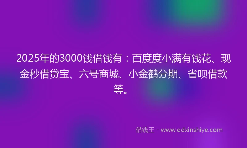 2025年的3000钱借钱有：百度度小满有钱花、现金秒借贷宝、六号商城、小金鹤分期、省呗借款等。