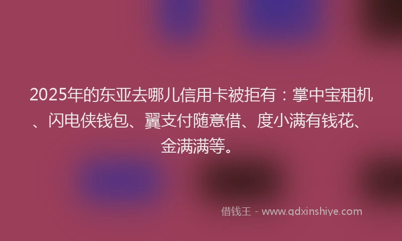 2025年的东亚去哪儿信用卡被拒有：掌中宝租机、闪电侠钱包、翼支付随意借、度小满有钱花、金满满等。