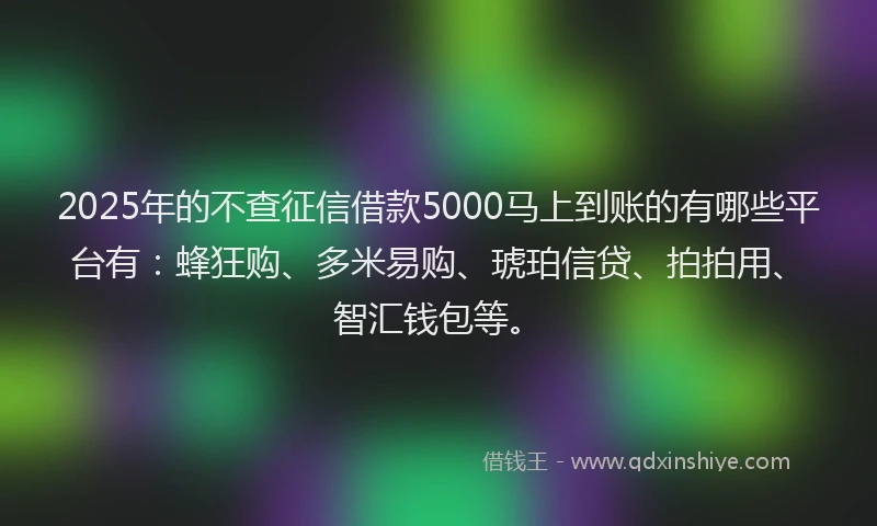 2025年的不查征信借款5000马上到账的有哪些平台有：蜂狂购、多米易购、琥珀信贷、拍拍用、智汇钱包等。