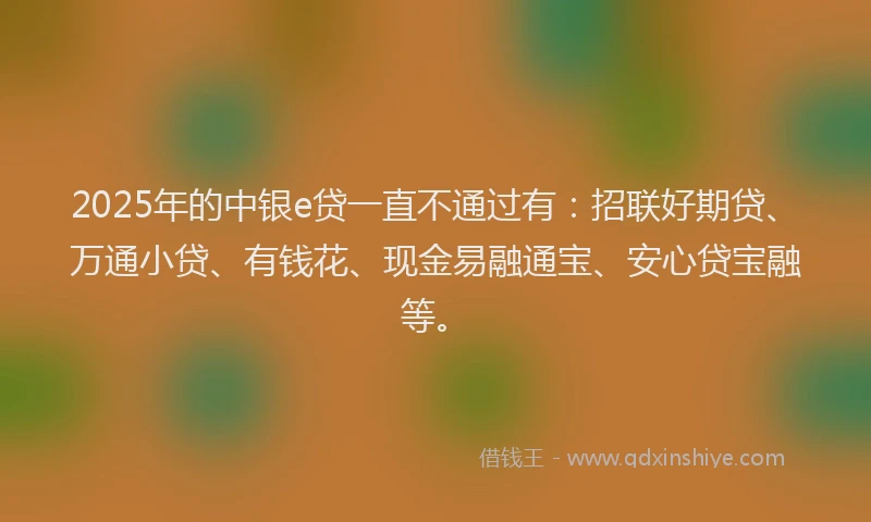 2025年的中银e贷一直不通过有：招联好期贷、万通小贷、有钱花、现金易融通宝、安心贷宝融等。