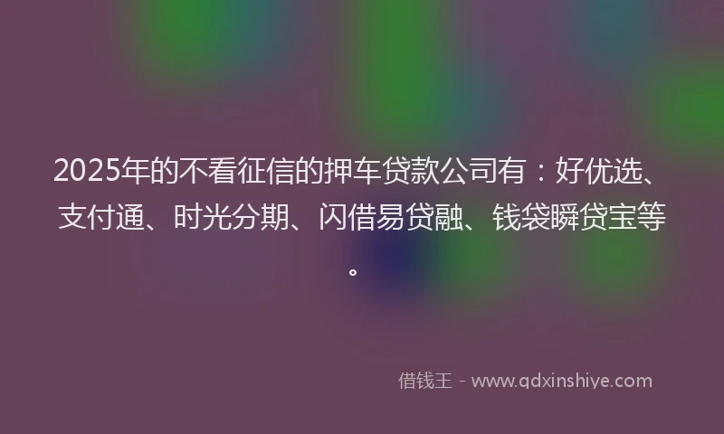 2025年的不看征信的押车贷款公司有：好优选、支付通、时光分期、闪借易贷融、钱袋瞬贷宝等。
