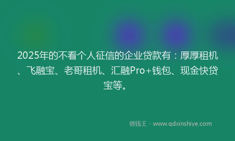 2025年的不看个人征信的企业贷款有：厚厚租机、飞融宝、老哥租机、汇融Pro+钱包、现金快贷宝等。