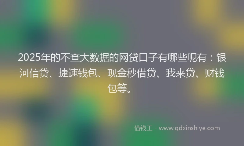 2025年的不查大数据的网贷口子有哪些呢有：银河信贷、捷速钱包、现金秒借贷、我来贷、财钱包等。