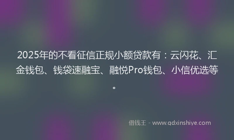 2025年的不看征信正规小额贷款有：云闪花、汇金钱包、钱袋速融宝、融悦Pro钱包、小信优选等。