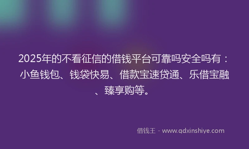 2025年的不看征信的借钱平台可靠吗安全吗有：小鱼钱包、钱袋快易、借款宝速贷通、乐借宝融、臻享购等。