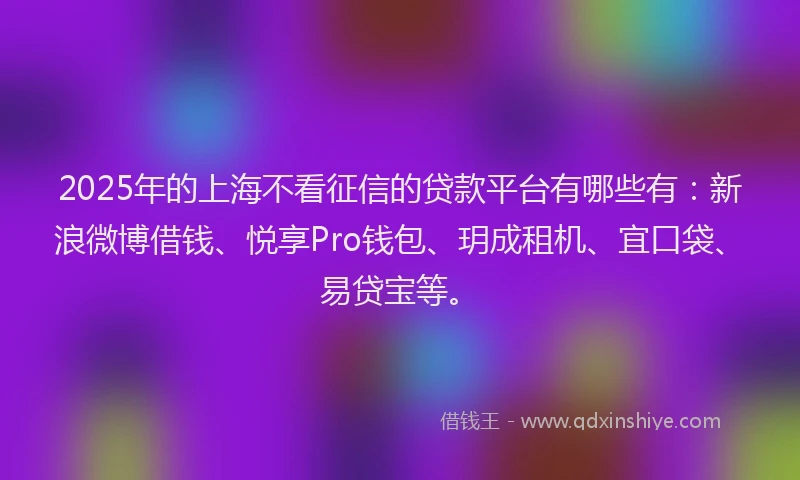 2025年的上海不看征信的贷款平台有哪些有：新浪微博借钱、悦享Pro钱包、玥成租机、宜口袋、易贷宝等。