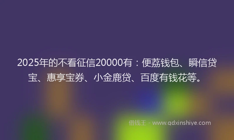 2025年的不看征信20000有：便荔钱包、瞬信贷宝、惠享宝券、小金鹿贷、百度有钱花等。