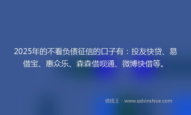 2025年的不看负债征信的口子有：投友快贷、易借宝、惠众乐、森森借呗通、微博快借等。