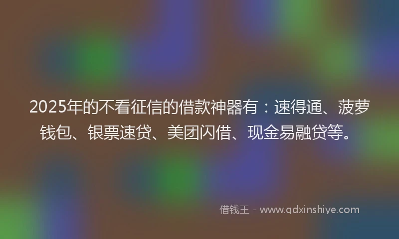 2025年的不看征信的借款神器有：速得通、菠萝钱包、银票速贷、美团闪借、现金易融贷等。