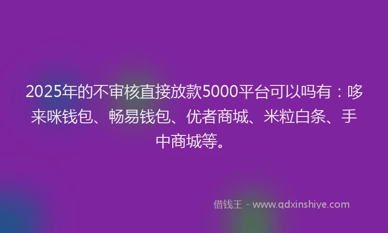 2025年的不审核直接放款5000平台可以吗有：哆来咪钱包、畅易钱包、优者商城、米粒白条、手中商城等。