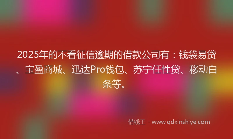 2025年的不看征信逾期的借款公司有：钱袋易贷、宝盈商城、迅达Pro钱包、苏宁任性贷、移动白条等。