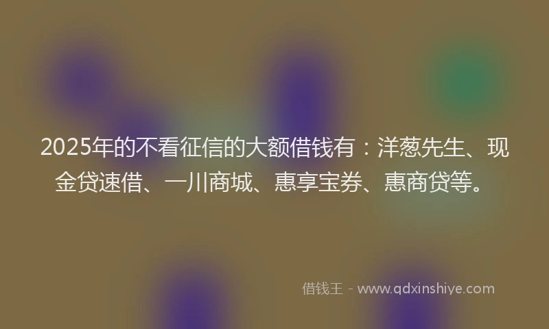 2025年的不看征信的大额借钱有：洋葱先生、现金贷速借、一川商城、惠享宝券、惠商贷等。