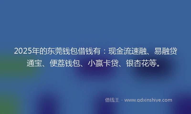 2025年的东莞钱包借钱有：现金流速融、易融贷通宝、便荔钱包、小赢卡贷、银杏花等。