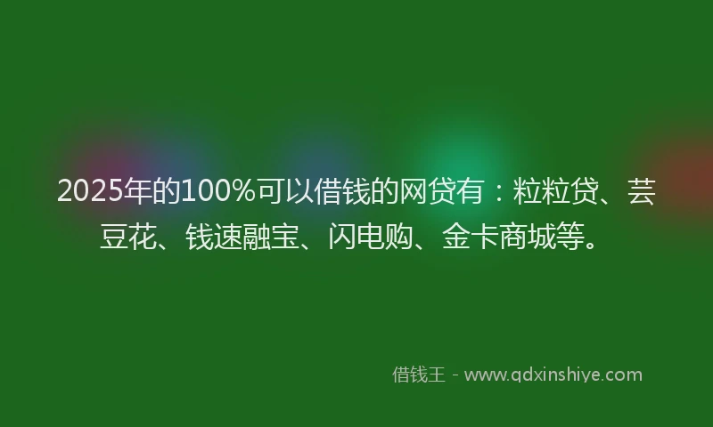 2025年的100%可以借钱的网贷有：粒粒贷、芸豆花、钱速融宝、闪电购、金卡商城等。