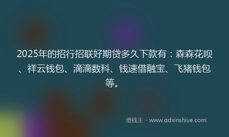 2025年的招行招联好期贷多久下款有：森森花呗、祥云钱包、滴滴数科、钱速借融宝、飞猪钱包等。