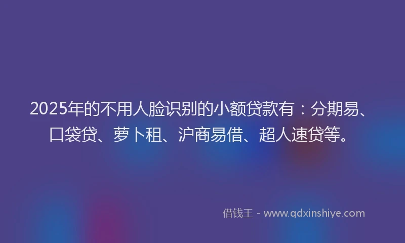 2025年的不用人脸识别的小额贷款有：分期易、口袋贷、萝卜租、沪商易借、超人速贷等。