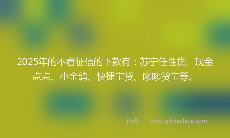 2025年的不看征信的下款有：苏宁任性贷、现金点点、小金鸽、快捷宝贷、哆哆贷宝等。