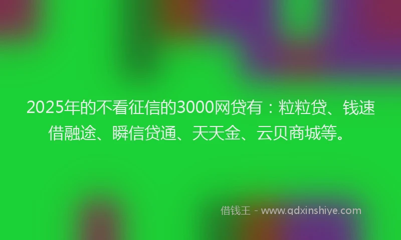2025年的不看征信的3000网贷有：粒粒贷、钱速借融途、瞬信贷通、天天金、云贝商城等。